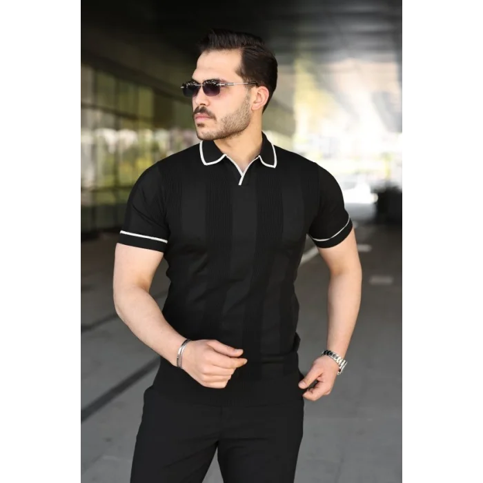 Erkek Dokulu Desen Yakalı Kısa Kollu Tişört