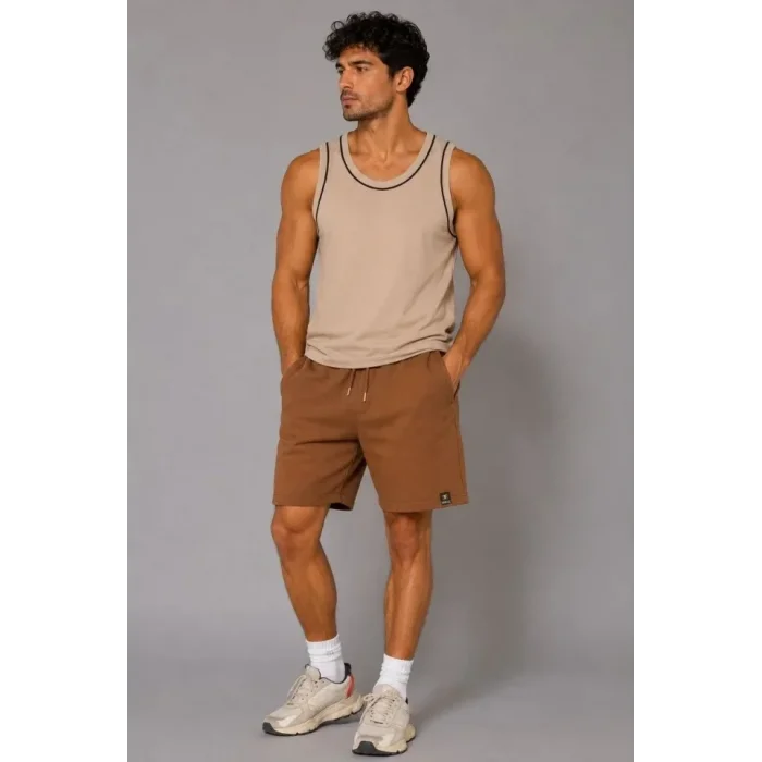 Erkek Dokuma Kumaş Cepli Bağcıklı Regular Fit Yazlık Şort - Kahverengi