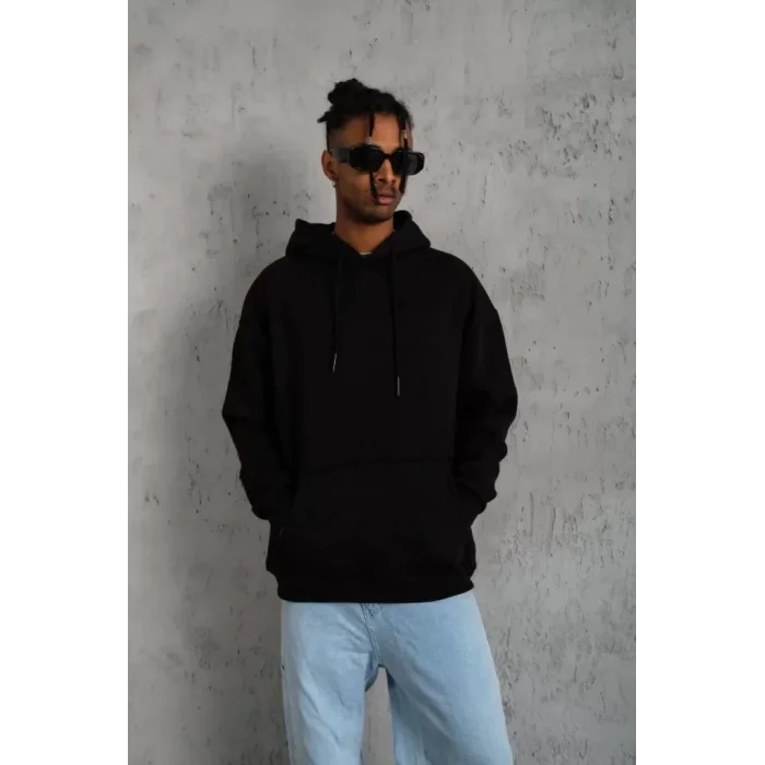 Erkek Düz Kapüşonlu Sweat - Siyah