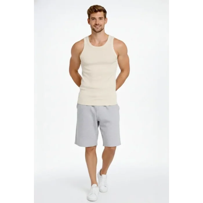 Erkek Fitilli Atlet Sıfır Yaka Slim Fit Arka Baskılı Spor Atlet - Krem