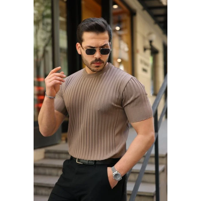 Erkek Fitilli Bisiklet Yaka Kısa Kollu Tişört