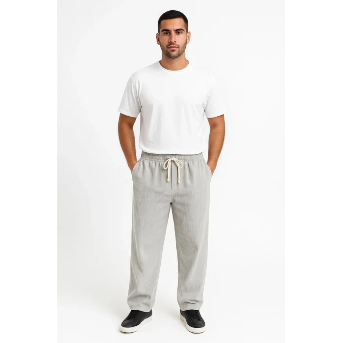 Erkek Fitilli Kadife Cepli Buggy Pantolon Oversize Rahat Kalıp - Gri