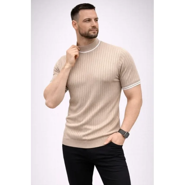 Erkek Fitilli Triko Dokuma Kısa Kol Tişört Yarım Boğaz Modern Yazlık T-Shirt - Bej