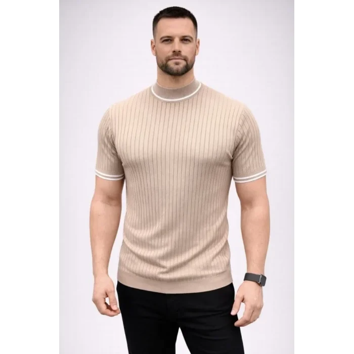 Erkek Fitilli Triko Dokuma Kısa Kol Tişört Yarım Boğaz Modern Yazlık T-Shirt - Bej