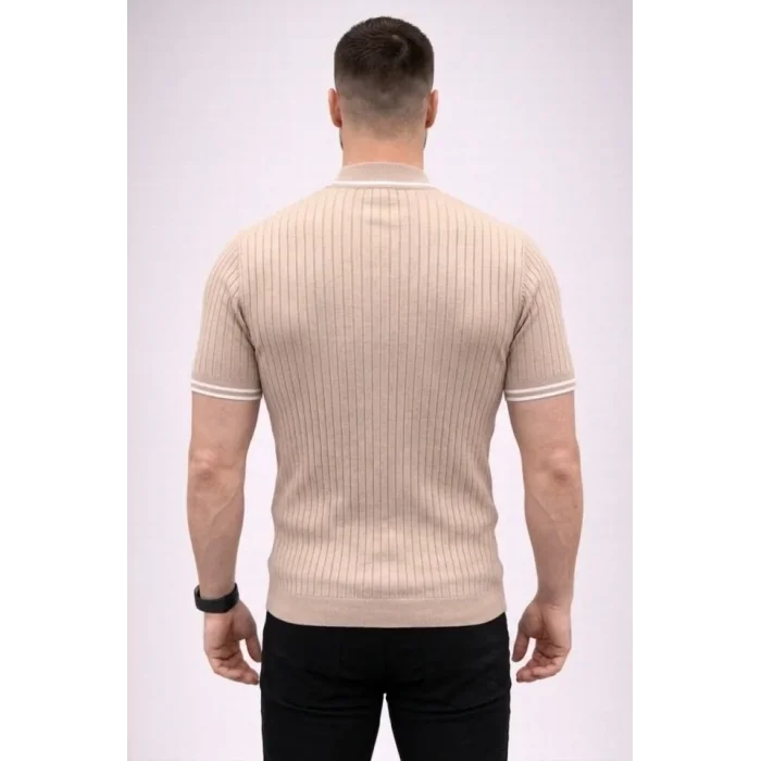Erkek Fitilli Triko Dokuma Kısa Kol Tişört Yarım Boğaz Modern Yazlık T-Shirt - Bej