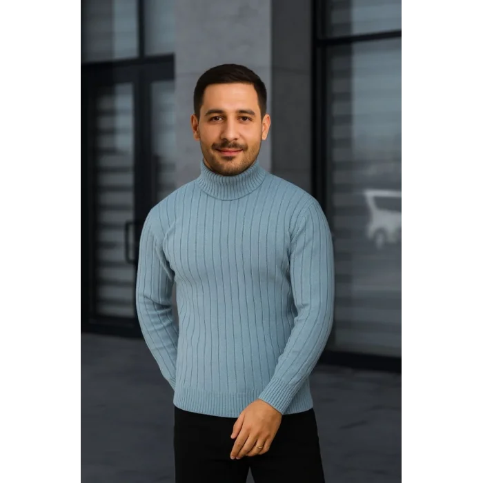 Erkek Fitilli Triko Kazak 2li Set Bebek Mavisi Siyah Regular Balıkcı Yaka Tam Boğazlı Triko Seti Modeli Kazak