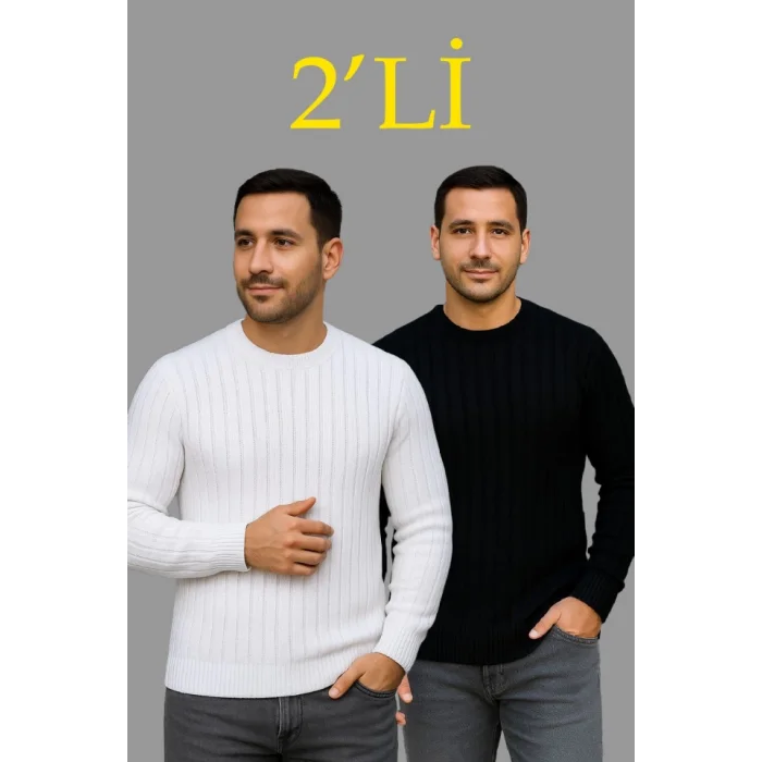 Erkek Fitilli Triko Kazak 2’li Set – Siyah - Beyaz, Kalın Dokuma Pamuklu Regular Fit Bisiklet Yaka Uzun Kollu Rahat Kışlık Kazak Kombini