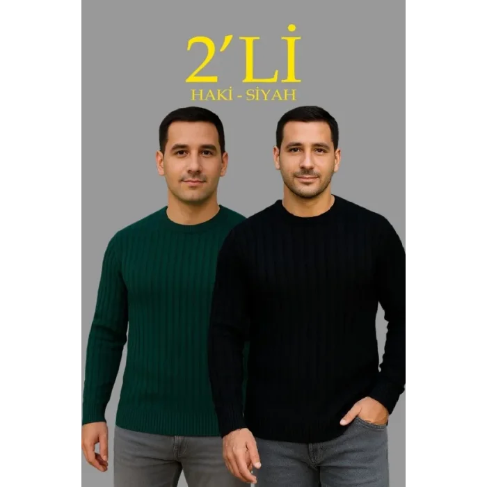 Erkek Fitilli Triko Kazak 2’li Set Siyah Haki Kalın Dokuma Pamuklu Regular Fit Bisiklet