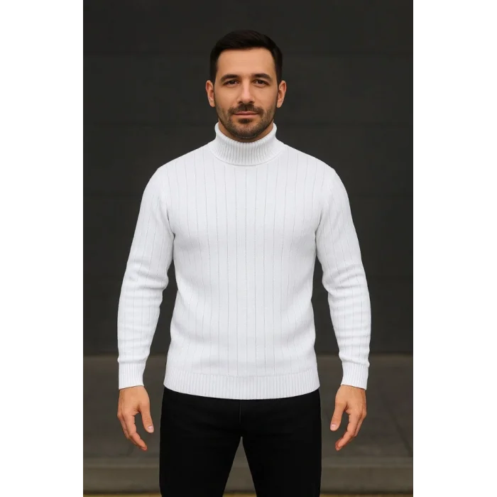 Erkek Fitilli Triko Kazak 3lÜ Set Beyaz Bordo Siyah Regular Balıkcı Yaka Tam Boğazlı Triko Seti Modeli Kazak