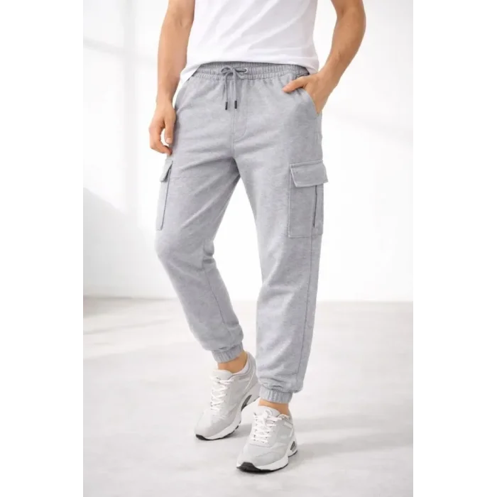 Erkek Jogger Eşofman Altı Regular Fit , Kargo Cepli, Lastikli Paça, Günlük Spor Pantolon - Gri