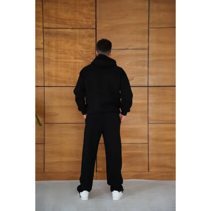 Erkek Kapüşonlu Eşofman Takım Örümcek Ağı Ve Neon Yeşil Baskılı Kanguru Cepli Oversize Rahat Kalıp, Premium Üç İplik Kumaş - Siyah