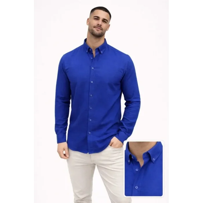 Erkek KETEN Kumaş Oversize Uzun Kollu Rahat Kalıp Gömlek - Saks Mavisi