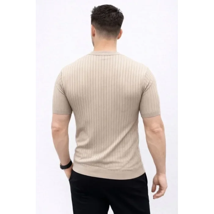 Erkek Kısa Kol Fitilli Triko T-Shirt Yazlık Hakim Yaka Tişört - Bej