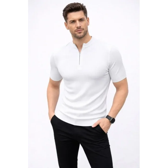 Erkek Kısa Kol Fitilli Triko T-Shirt Yazlık Hakim Yaka Tişört - Beyaz