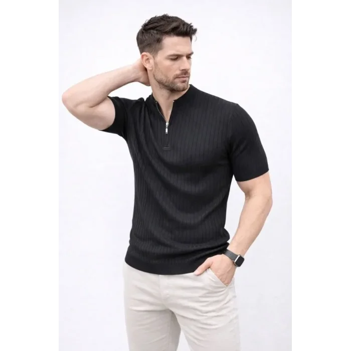 Erkek Kısa Kol Fitilli Triko T-Shirt Yazlık Hakim Yaka Tişört - Siyah