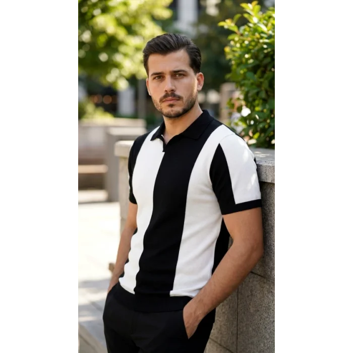 Erkek Kısa Kollu Polo Yakalı Blok Desenli Triko Bluz