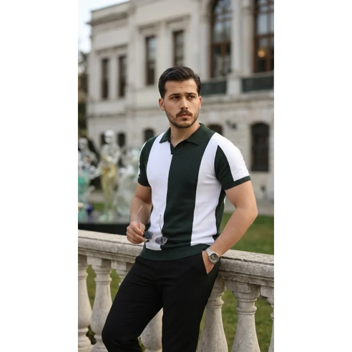 Erkek Kısa Kollu Polo Yakalı Blok Desenli Triko Bluz