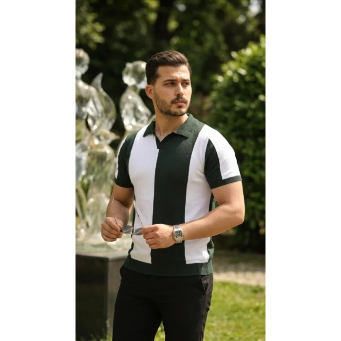 Erkek Kısa Kollu Polo Yakalı Blok Desenli Triko Bluz