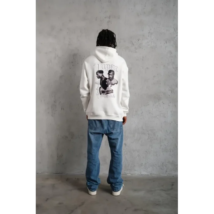 Erkek Kol Ve Etek Ribana Baskılı Kapüşonlu Sweat - Beyaz