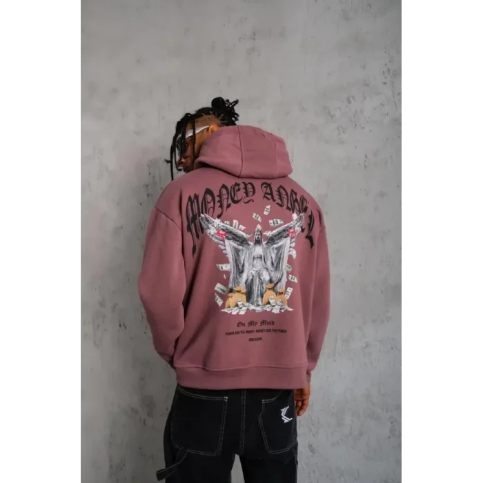 Erkek Kordon İpli Baskılı Kapüşonlu Sweatshirt - Gül Kurusu