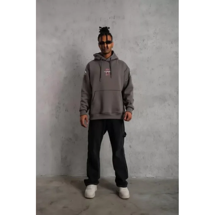 Erkek Maske Baskılı Kapüşonlu Sweat - Gri