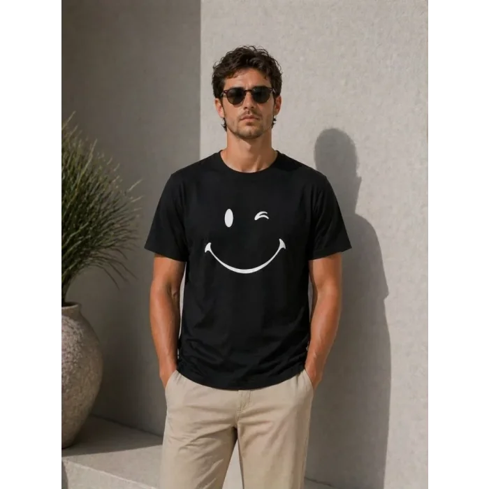 Erkek Minimal Gülümseyen Yüz Baskılı Tişört Kısa Kol Yazlık T-Shirt - Siyah