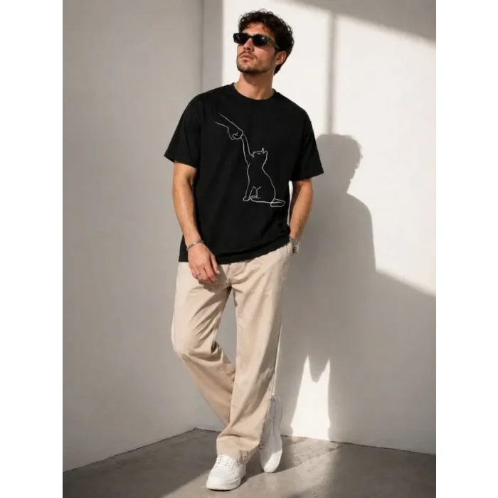 Erkek Minimal Kedi Çizim Baskılı Tişört Kısa Kol Yazlık T-Shirt - Siyah
