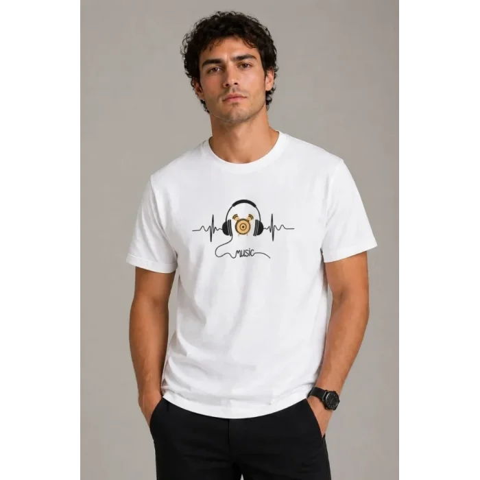 Erkek Müzik Temalı Baskılı Tişört Bisiklet Yaka Kısa Kol T-Shirt - Beyaz
