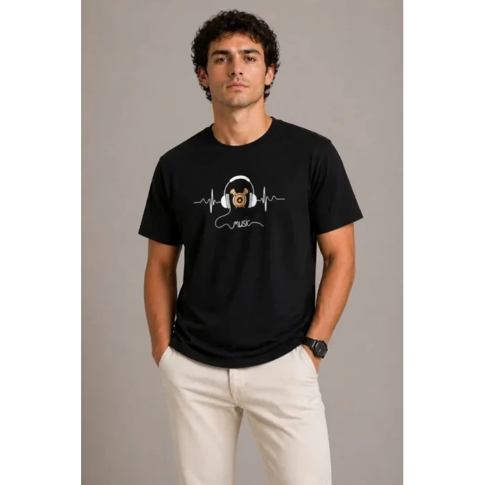 Erkek Müzik Temalı Baskılı Tişört Bisiklet Yaka Kısa Kol T-Shirt - Siyah