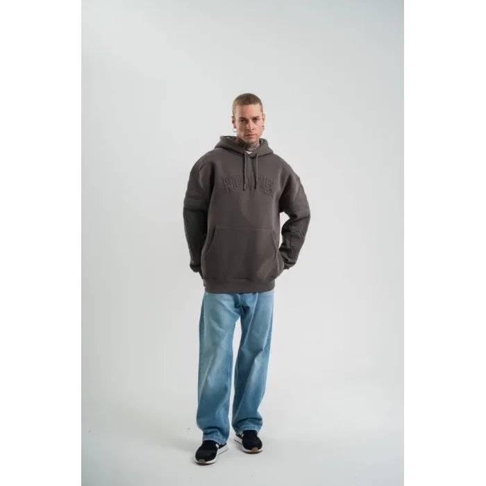 Erkek Nakış İşlemeli Kapşonlu Antrasit Sweatshirt Üç İplik Double Oversize- Füme