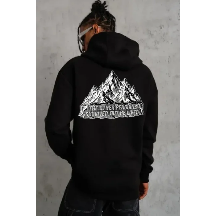 Erkek Nihilist Penguen Temalı Oversize Kapüşonlu Sweatshirt - Siyah