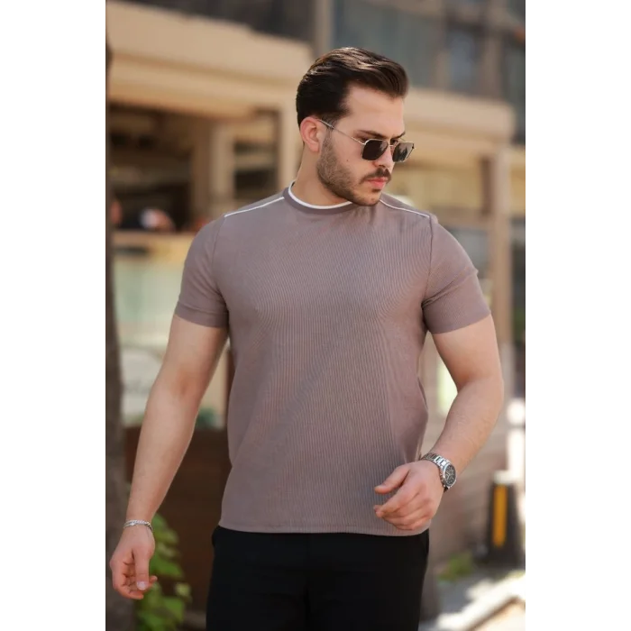 Erkek Omuzlar çizgi Detaylı Kısa Kollu T-shirt