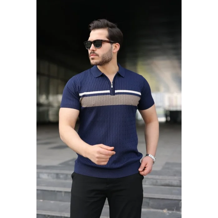 Erkek Örgü Desenli Renkli Kısa Kollu Triko Tişört