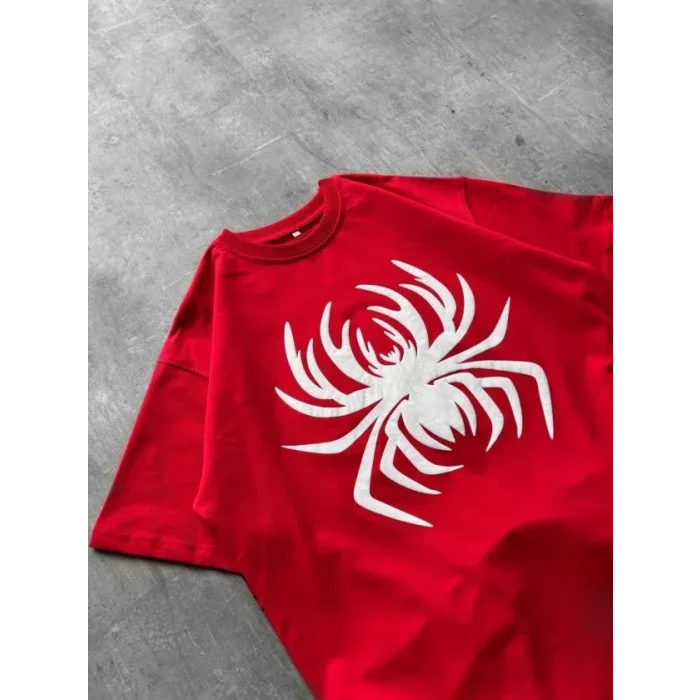 Erkek Örümcek Baskılı Tişört Kısa Kollu Bisiklet Yaka T-Shirt - Kırmızı