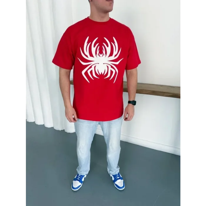 Erkek Örümcek Baskılı Tişört Kısa Kollu Bisiklet Yaka T-Shirt - Kırmızı