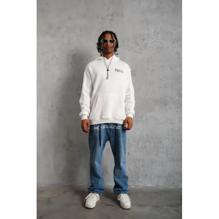 Erkek Oversize Üç İplik Kapüşonlu Sweat – Kol Ve Etek Ribana Detaylı, Ön Ve Sırt Baskılı, Kanguru Cepli Rahat Kalıp Model - Beyaz