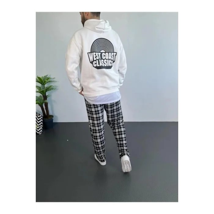 Erkek Oversize Üç İplik Kapüşonlu Sweatshirt – Beyaz Ön Baskılı, Kanguru Cepli, Rahat Kalıp, İçi Pamuklu Model