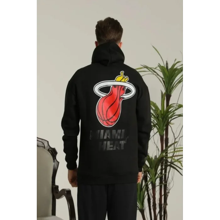 Erkek Oversize Üç İplik Kapüşonlu Sweatshirt –Sırt Ve Ön Baskılı, Kanguru Cepli, Rahat Kalıp Maskot Desenli Model - Siyah