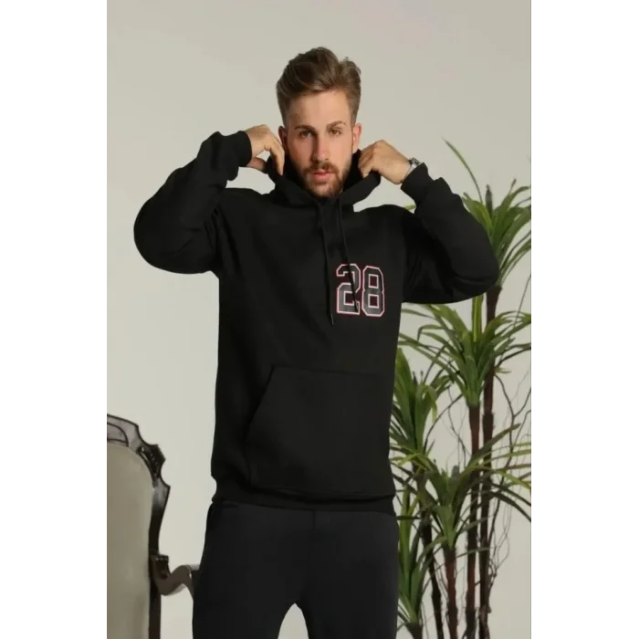 Erkek Oversize Üç İplik Kapüşonlu Sweatshirt –Sırt Ve Ön Baskılı, Kanguru Cepli, Rahat Kalıp Maskot Desenli Model - Siyah