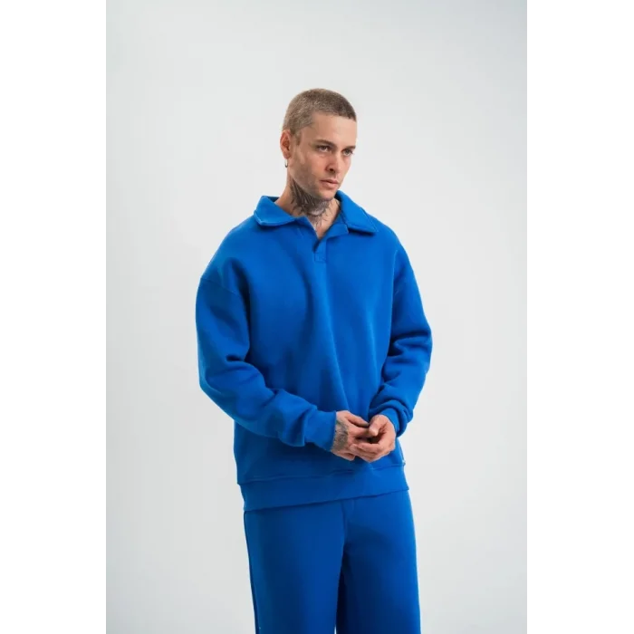 Erkek Patlı Yaka Üç İplik Pamuklu Sweatshirt Double Oversize Rahat Kalıp Günlük Kullanım - Mavi