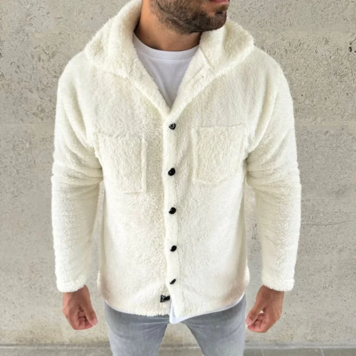 Erkek Pelüş Polar Hırka Gömlek – Yakalı, İlik Düğmeli, Göğüs Cepli, Yumuşak Dokulu Kışlık Regular Fit Rahat Günlük Model - Beyaz