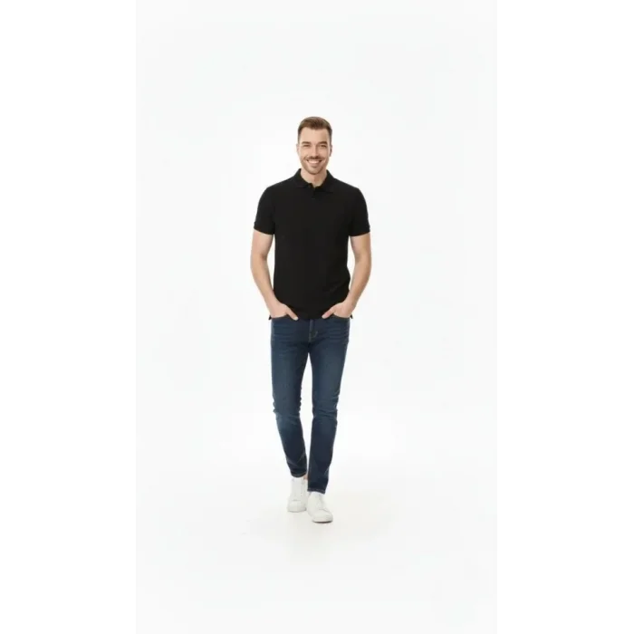 Erkek Pike Kumaş Düğmeli Yaka Regular Fit Günlük Kısa Kol Tişört T-shirt - Siyah