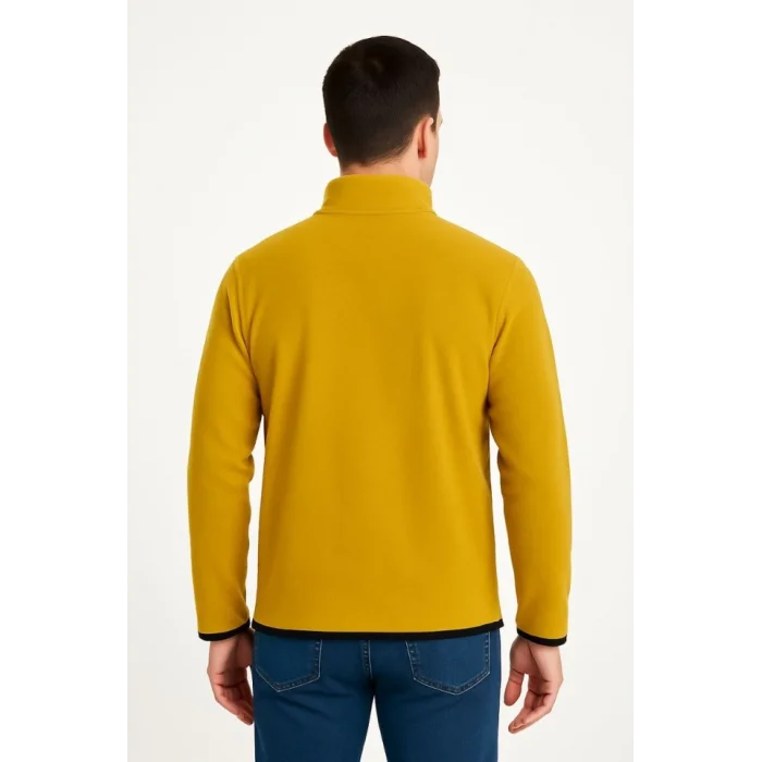 Erkek Polar Kazak – Dik Yaka, Yarım Fermuarlı, Fermuarlı Göğüs Cepli, Siyah Biyeli, Kışlık Rahat Regular Fit Günlük Model - Sarı