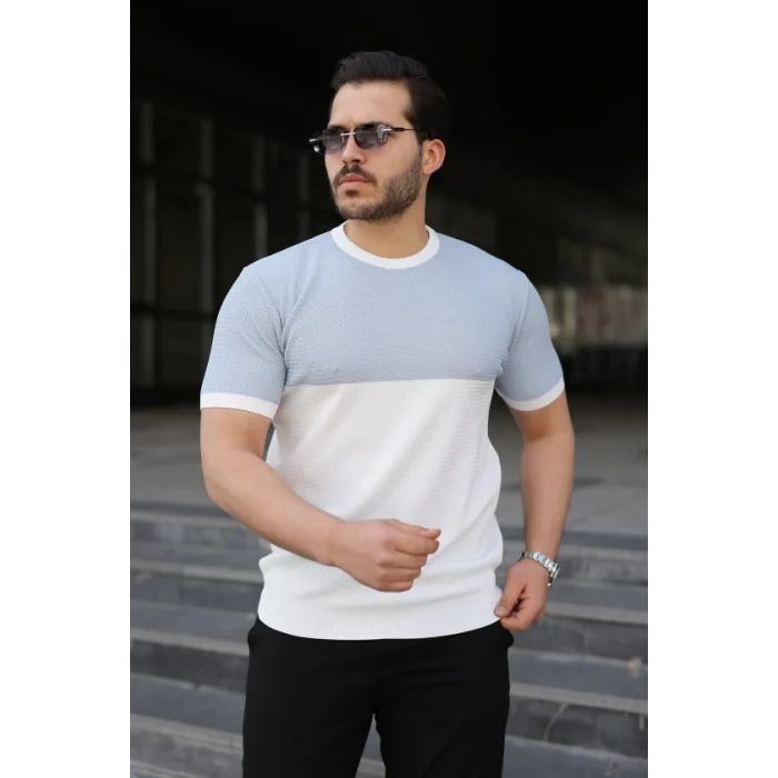 Erkek Renk Bloklu Bisiklet Yaka Kısa Kollu Triko Tişört