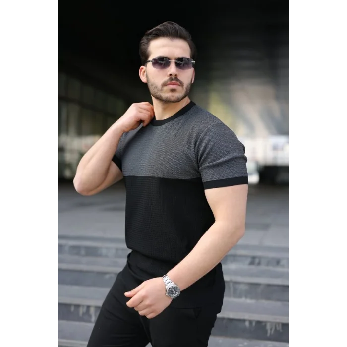 Erkek Renk Bloklu Bisiklet Yaka Kısa Kollu Triko Tişört