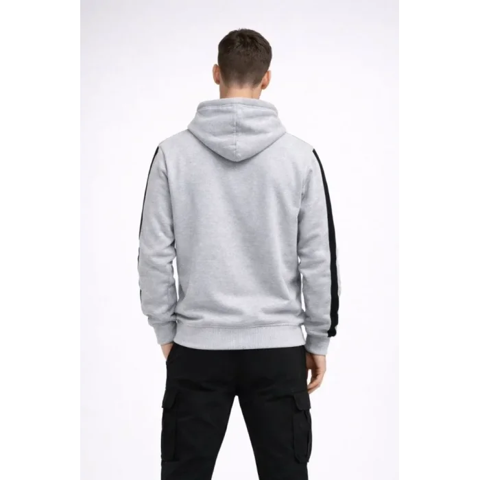 Erkek Şeritli Kapüşonlu Sweatshirt Oversize 3 Iplik Pamuklu - Beyaz