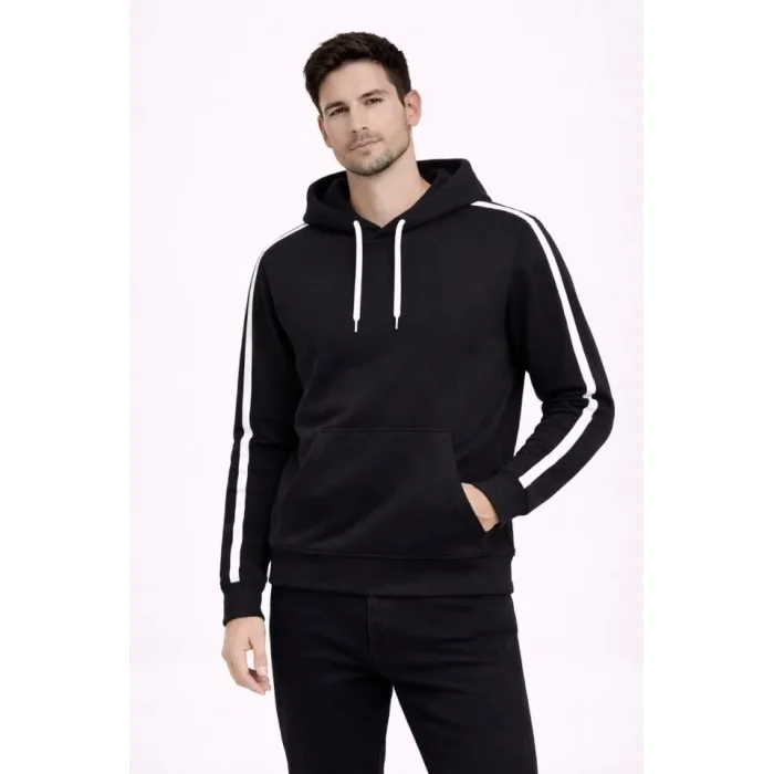 Erkek Şeritli Kapüşonlu Sweatshirt Oversize 3 Iplik Pamuklu - Siyah