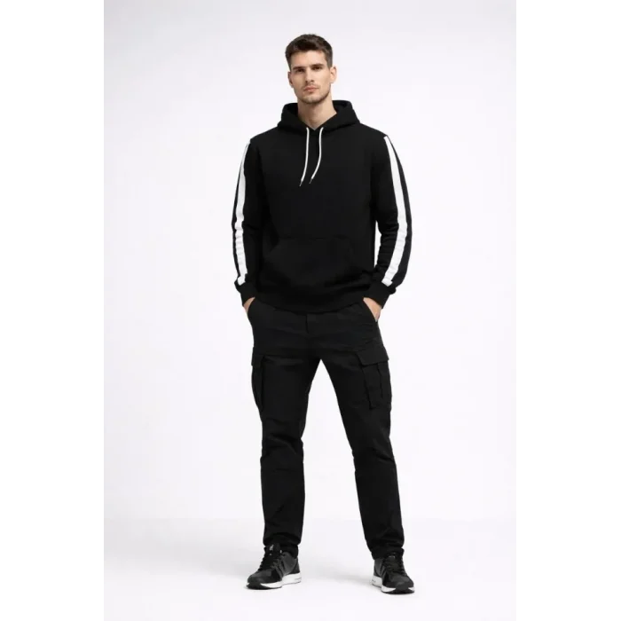 Erkek Şeritli Kapüşonlu Sweatshirt Oversize 3 Iplik Pamuklu - Siyah