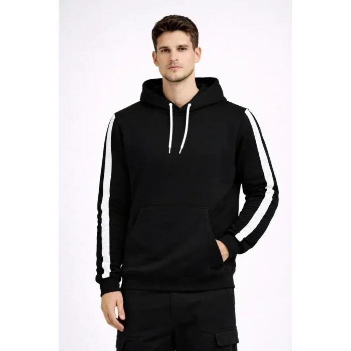 Erkek Şeritli Kapüşonlu Sweatshirt Oversize 3 Iplik Pamuklu - Siyah