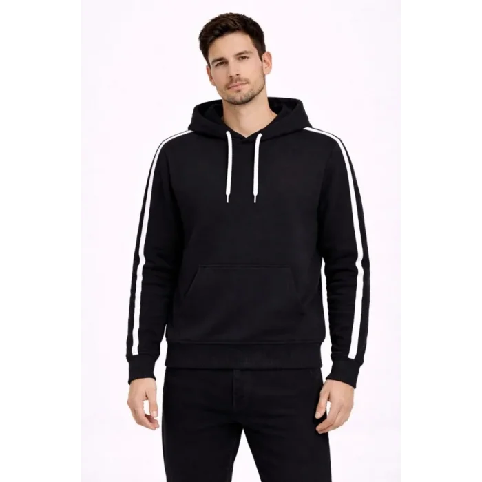 Erkek Şeritli Kapüşonlu Sweatshirt Oversize 3 Iplik Pamuklu - Siyah